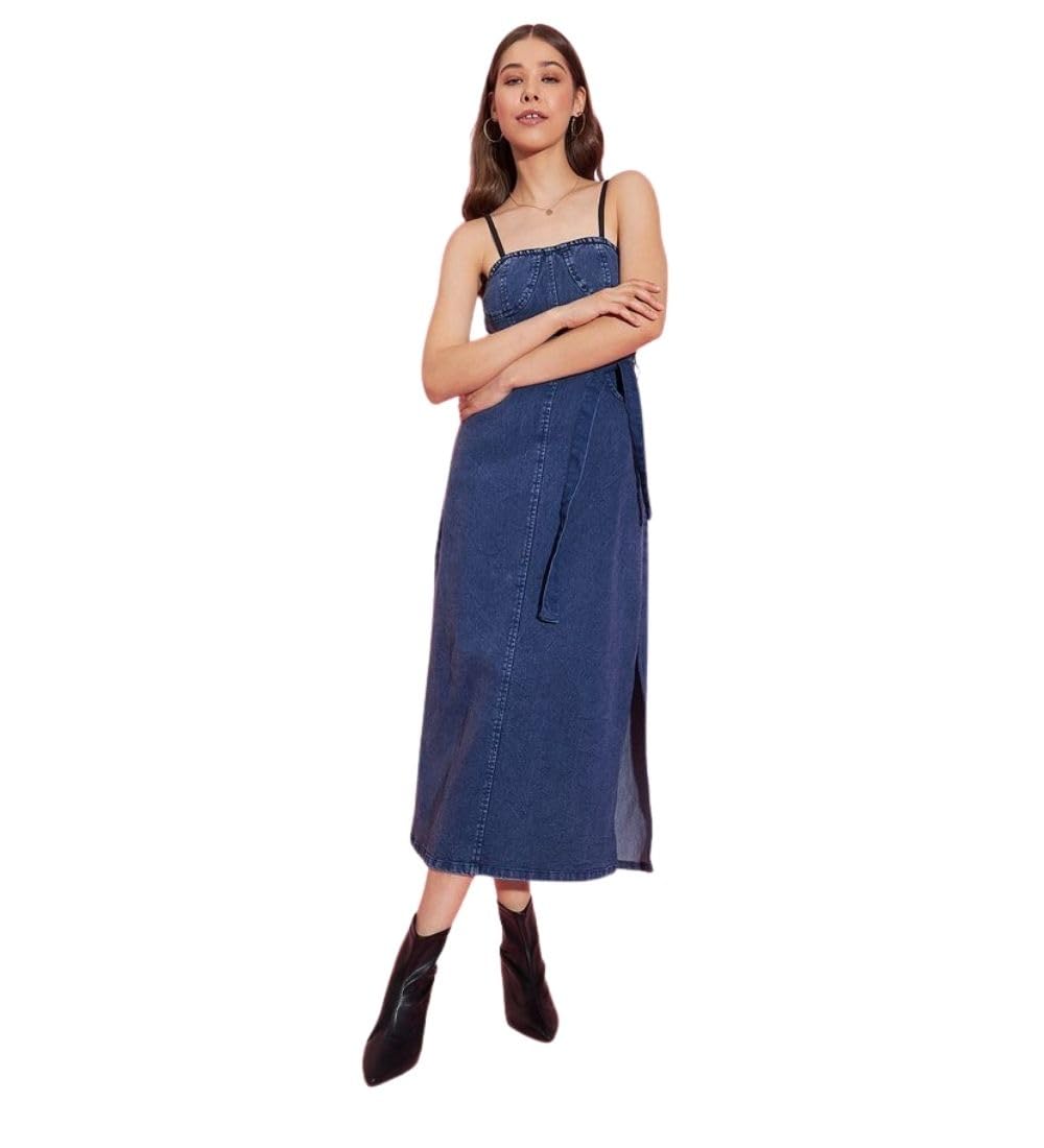 Women's Denim Solid Shoulder Straps Dress (Blue, L)-PID65374