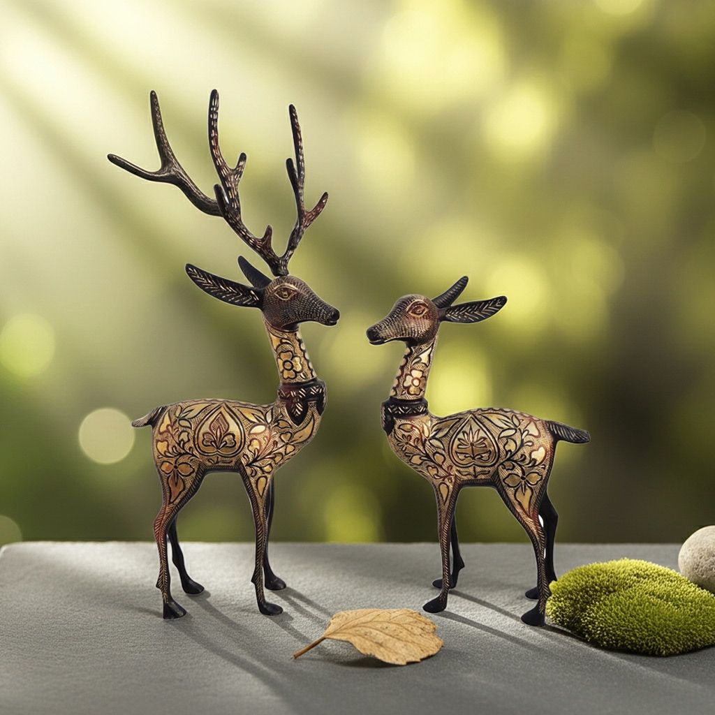 Luxury Brass Deer Pair Decorative Idol for Living Room, Height : 20.5 Inch (ANMAS055 B)