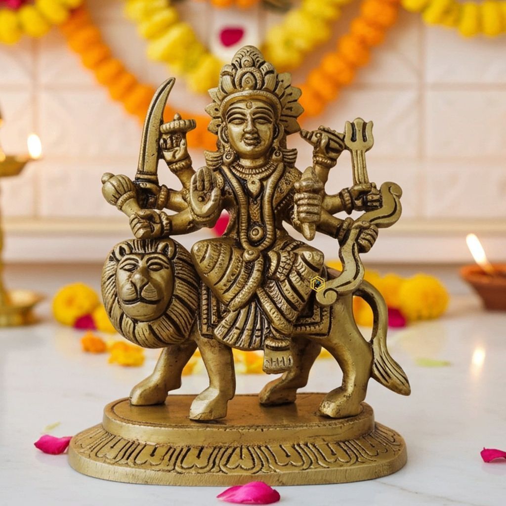 Brass Durga Ji Handcrafted Statue - Divine Temple Decor Showpiece, Height : 5 Inch (BSMAS1044 Q)