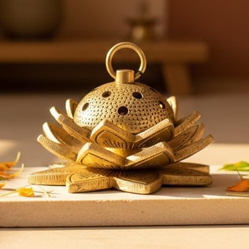 Sukh Sehaj Kamal Dhoopdani | Lotus Loban Burner | Incense Burner | Dhoop Batti Stand, Handcrafted, Antique Yellow Finish, 3.9 Inch Length, for Home Temple, Decor, Pooja Ritual and Gifting