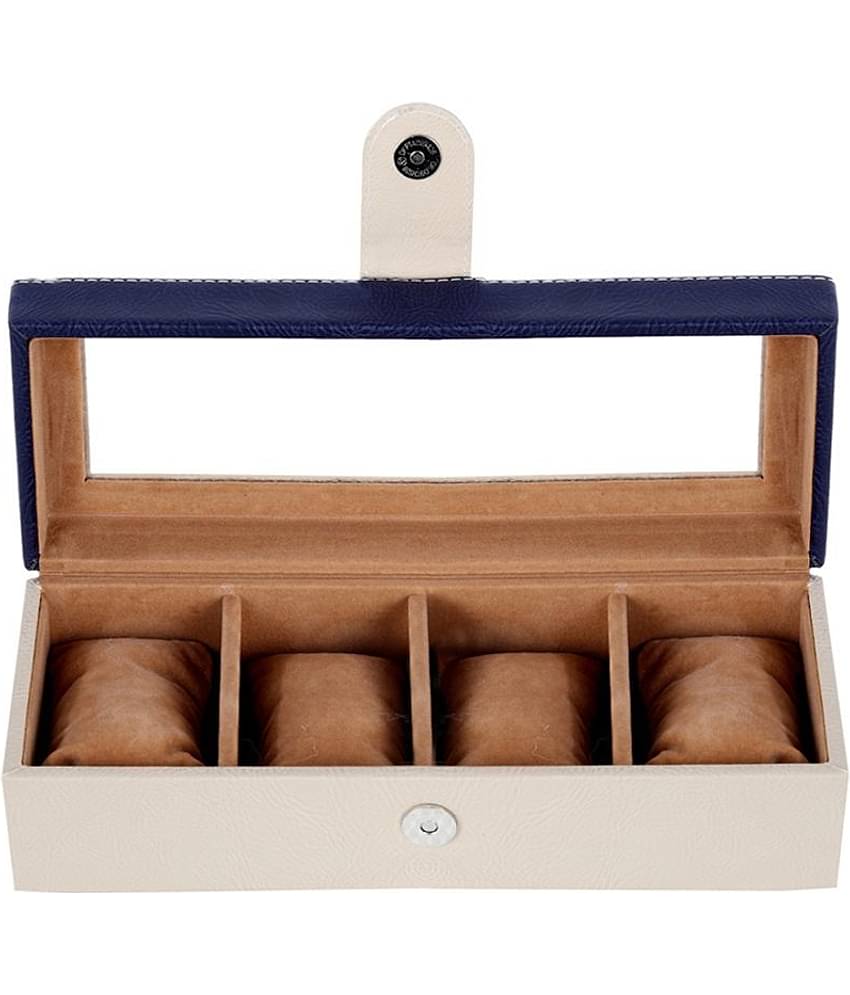 Leather World 4 Compartments 2 Liter Beige PU Leather Designer Watch Display Case with Clasp Closure Travel Bag