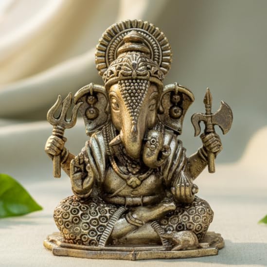 Sukh Sehaj Shree Ganesha Brass Murti | Lord Ganpati Murti | Handcrafted, Antique Yellow Finish, 2.0 Inch, for Home Temple, Decor, Pooja Ritual and Gifting