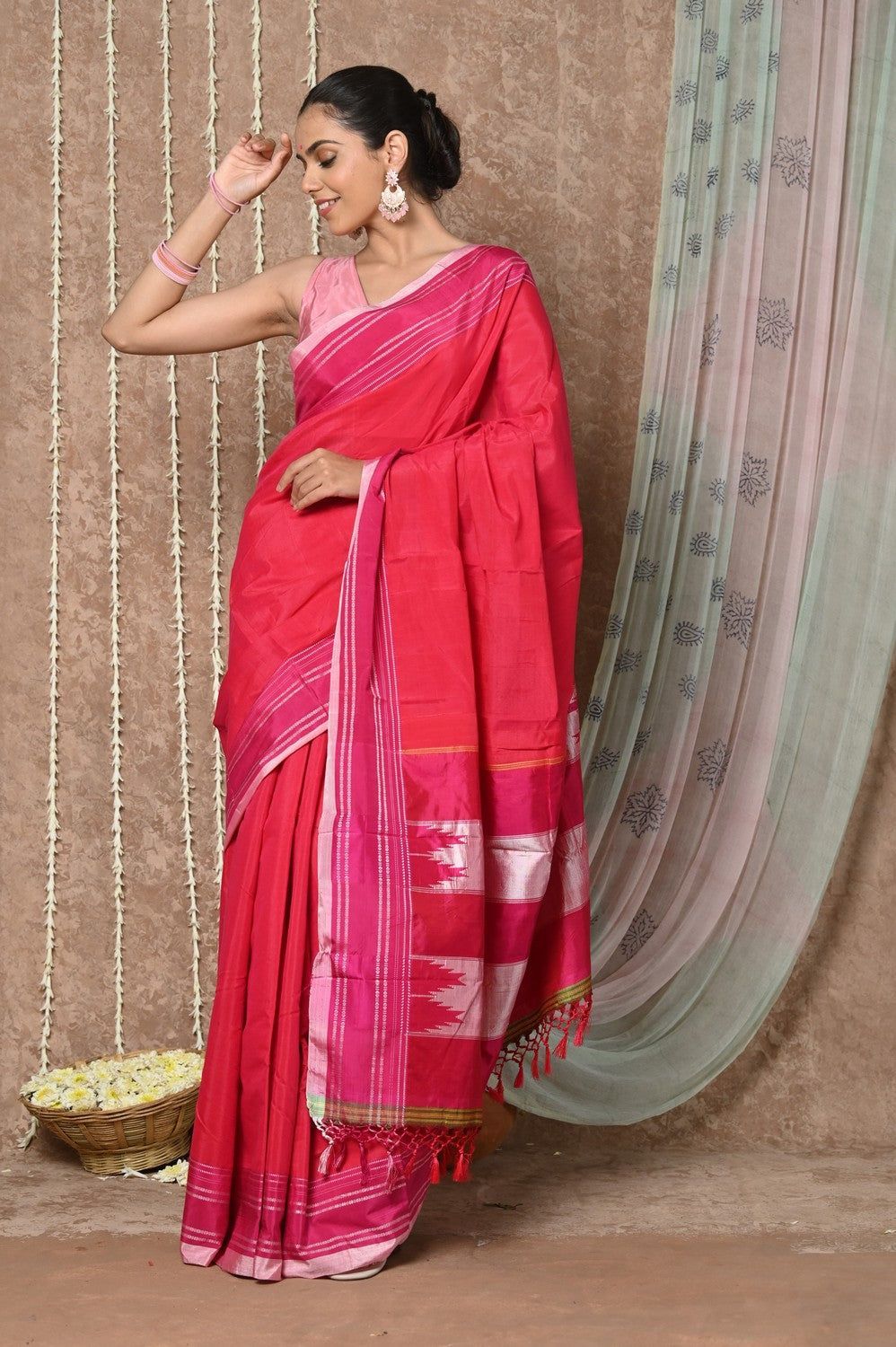 Tyohaar Handloom Cotton Viscose Ilkal Saree with Pure Resham Pallu - Bright Red with Pink Border