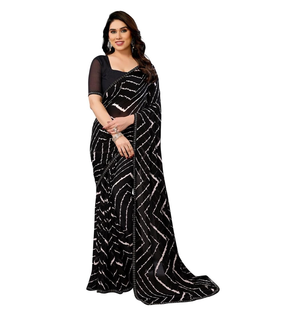 Women's Black Georgette Printed Saree with Unstitched Blouse 5.5Mtr