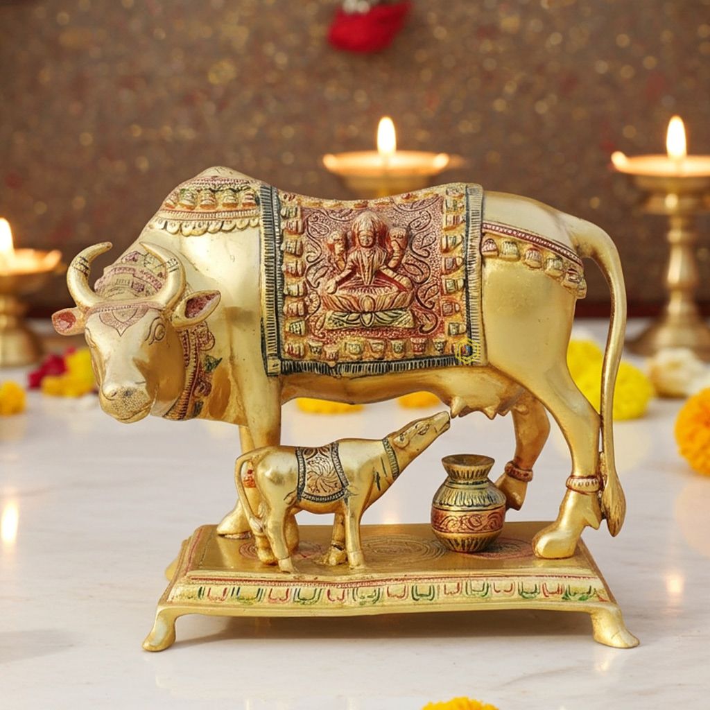 Brass Cow & Calf Statue - Indian Traditional Decor, Height : 8.5 Inch (BSMAS1012 E)