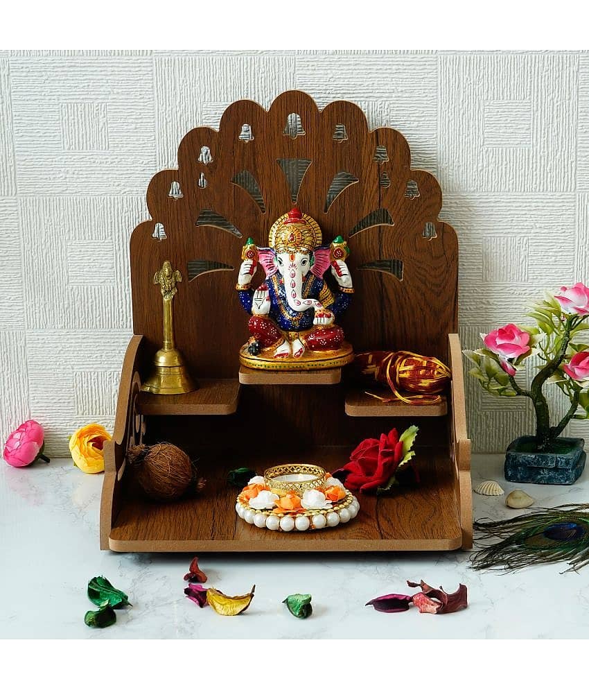 eCraftIndia Brown Om with Bells Design and 3 Shelfs Laminated Wood Pooja Temple
