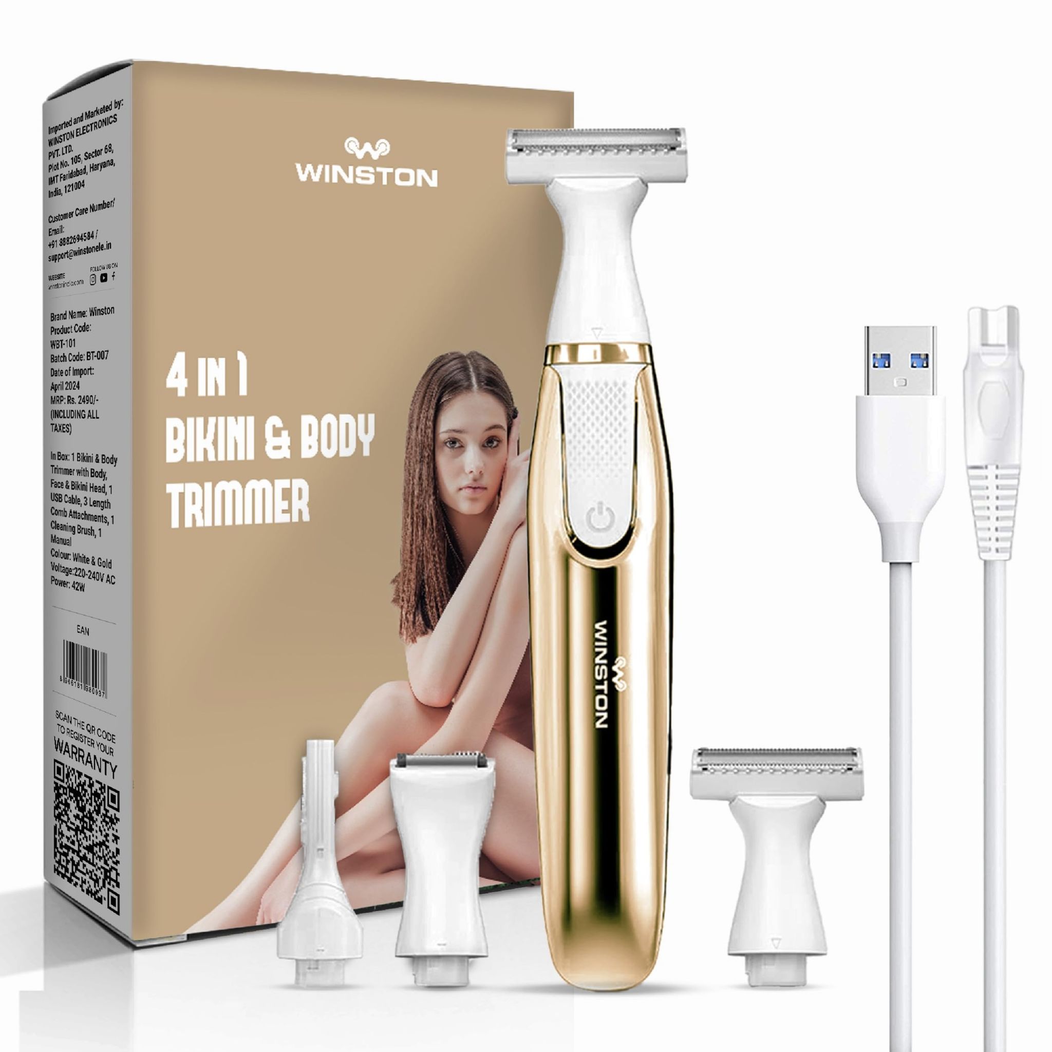 WINSTON Rechargeable Full Body and Bikini Trimmer Rechargeable Electric Shaver for Women (4 IN 1),Gold WINSTON Rechargeable Full Body and Bikini Trimmer Rechargeable Electric Shaver for Women (4 IN 1),Gold - White and Gold / 4 in 1