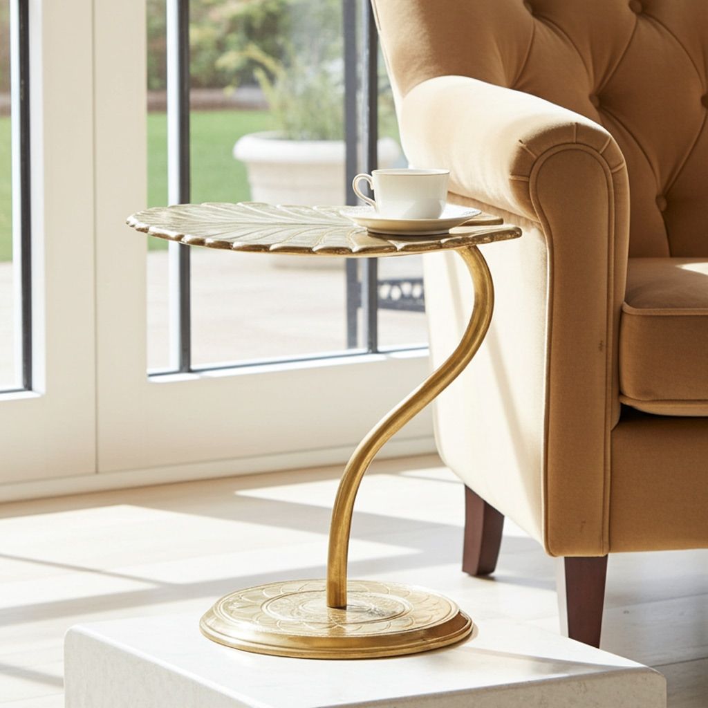 Brass Patta Leaf Shape Stool - Designer Decorative Puja Stand, Height : 17 Inch (BSMAS1683 B)