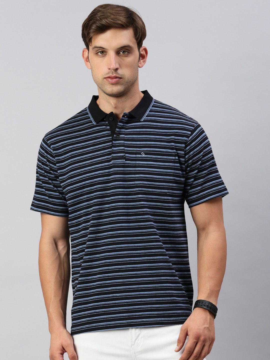Classic Polo Men's Half Sleeve Navy Blue Polo Neck Authentic Fit Striped T-Shirt | FEEDERS - 265 B AF P