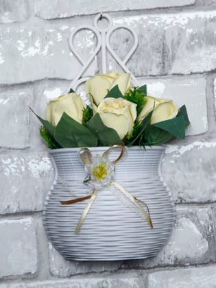 Foliyaj Plastic Wall Plant for Office & Home Decoration | Indoor Wall Mounted Planters | Hanging Planters for Living Room | Wall Hanging with Yellow Rose Plant Bush |White, Height 25 CM x Width 14 CM