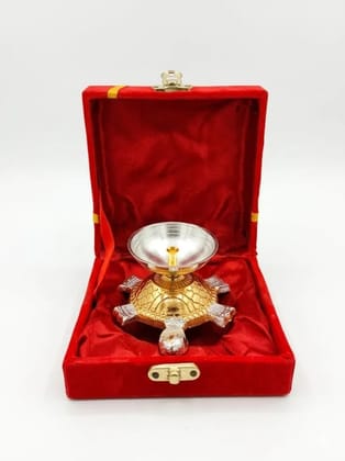 Gold & Silver Color Plated Tortoise Diya with Velvet Box | German Silver Turtle Oil Lamp | Decorative Metal Diya for Puja, Temple, Home Dcor, Diwali & Festive Gifting