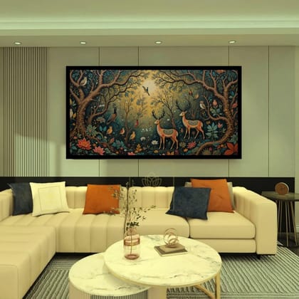 Luminary Tree of Life Folk Art – Symbolic Nature Inspired Wall Decor For Canvas Painting | Frame Size (127 X 69 Cm) | Frame Type (Black) | 5-Year Warranty