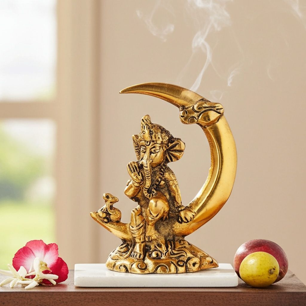 Aluminium Showpiece Ganesh Ji God Idol Sitting On Moon (ASMAS286 G)