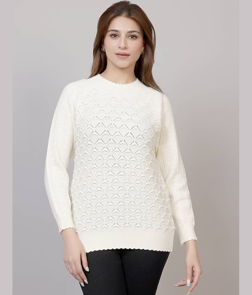 FEVERFEW Women Woollen Round Neck Pullover ( White )