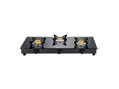 Surya Flame Maestro 3-Burner Gas Stove, Toughened Glass Top, 1 Jumbo Burner + 2 Tri-Pin Brass Burners, Manual Ignition, Black
