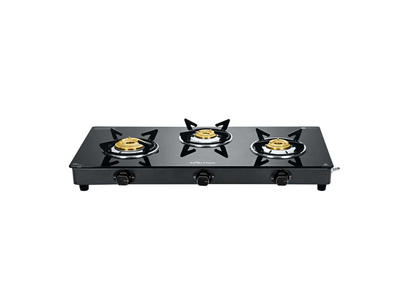 Surya Flame Maestro 3-Burner Gas Stove, Toughened Glass Top, 1 Jumbo Burner + 2 Tri-Pin Brass Burners, Manual Ignition, Black