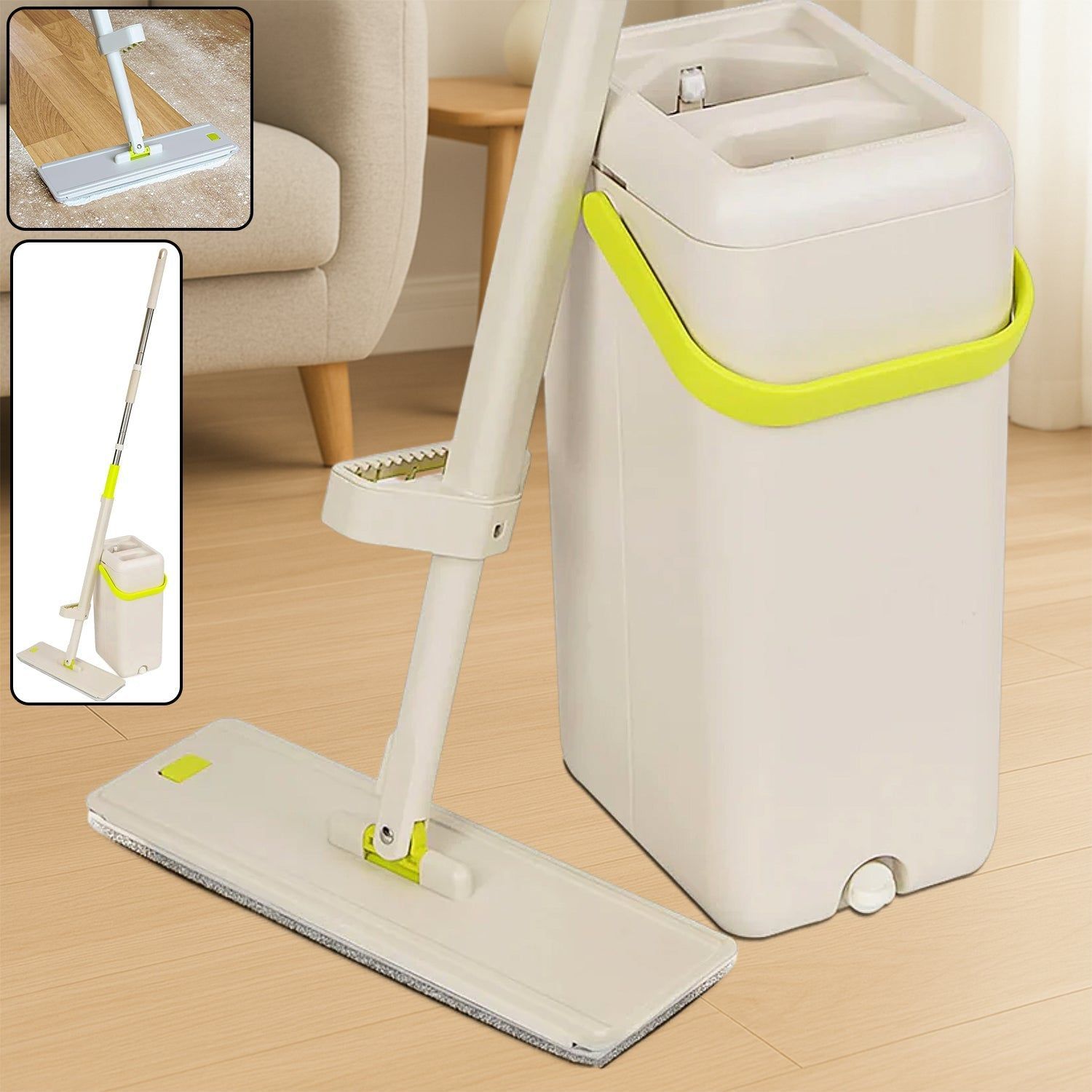 Floor Mop and Bucket Set, Flat Mop for Cleaning with Wringer, Self Clean Damp Mop and Bucket for Hardwood, Laminate, 2 in 1 Hands Free Mop with Washable Microfiber Pad for Wet & Dry Use