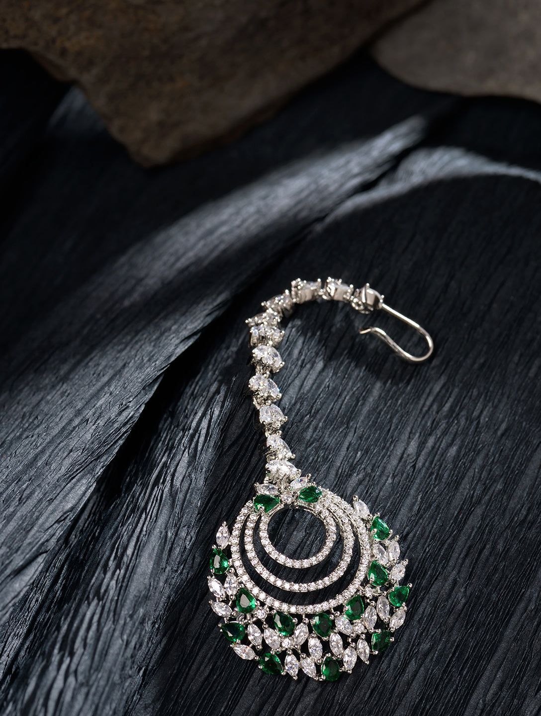 Silver plated Green AD studded Handcrafted Maang Tika