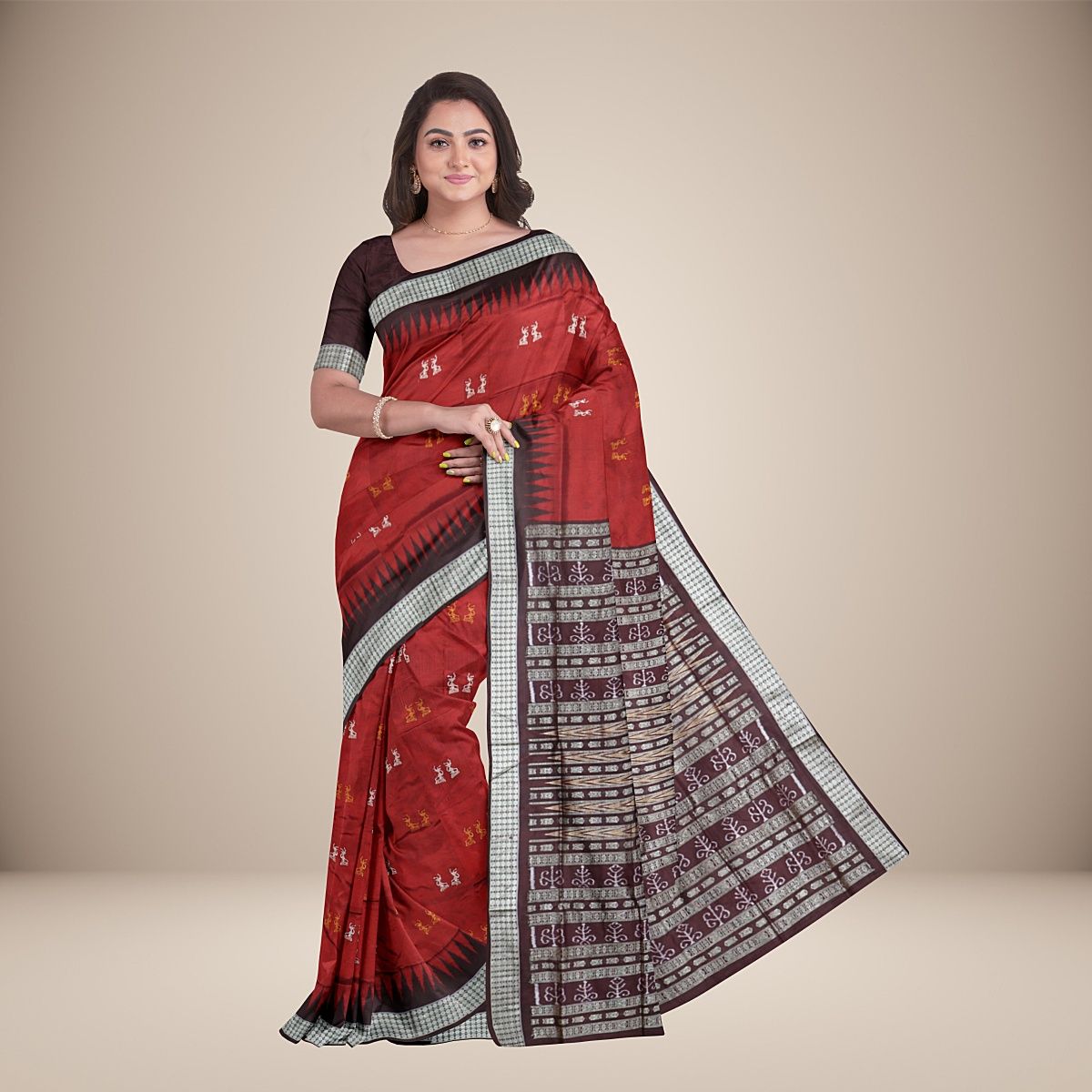 Tribal Motif Temple Border Bomkai Silk Saree