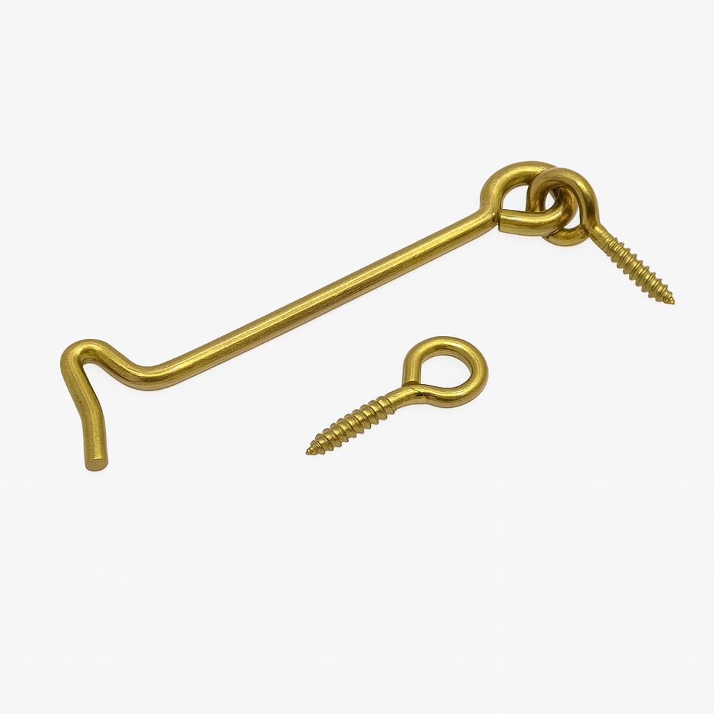 KARTHI7OCT STORE 4 Inch Cabin Hook and Eye (Set of 5) � Brass Plated Iron Hooks Catch Door Lock for Gate, Window, Shed, Barn � Rust Resistant Windproof Swivel Holder with Screws � General Door Hook