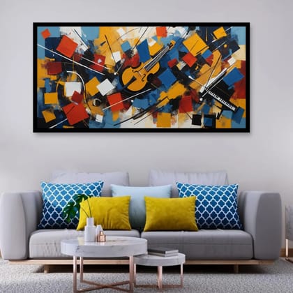 Luminary Symphony in Motion – Abstract Harmony Museum-Quality Cotton Canvas Painting for Music Room Décor | Frame Size (127 X 69 Cm) | Frame Type (Black) | 5-Year Warranty