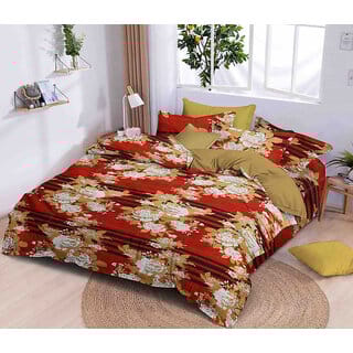 BLACK BEE  White  yellow rose print on rust colour base double bedsheet with 2 Pillow Covers (208 X 213 cm)(BS8-05)