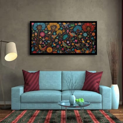 Luminary Songbirds’ Canopy–Folk Paradise Museum-Quality Cotton Canvas Handprint for Living Room Décor | Frame Size (127 X 69 Cm) | Frame Type (Black) | 5-Year Warranty