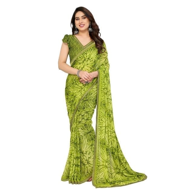 Women's Georgette Printed Saree with Unstitched Blouse 5.5Mtr (Mehendi Green)