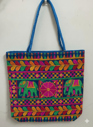 Blue Premium Jute Bag with Flower and Elephant Design for Return Gifts
