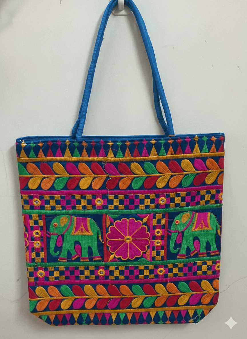 Blue Premium Jute Bag with Flower and Elephant Design for Return Gifts