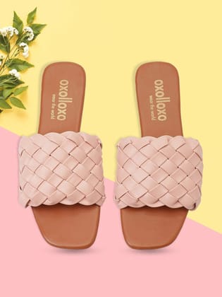 Catchy Pink Braided Open Back Flat Sandal For Women Catchy Pink Braided Open Back Flat Sandal For Women