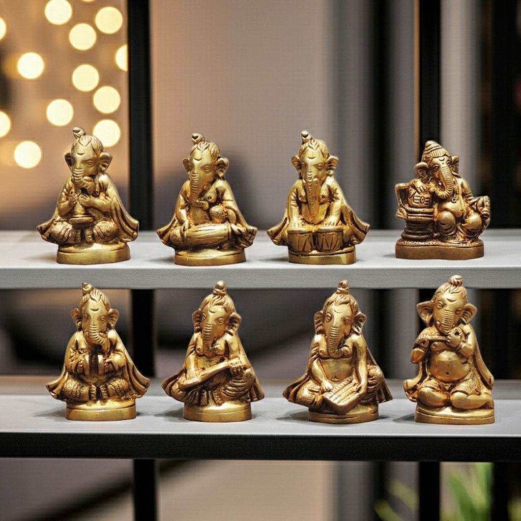 Brass Ganesh Musical Set – Lord Ganesha Brass Decorative Idol Set, Height : 3 Inch (BSMAS1698 D)
