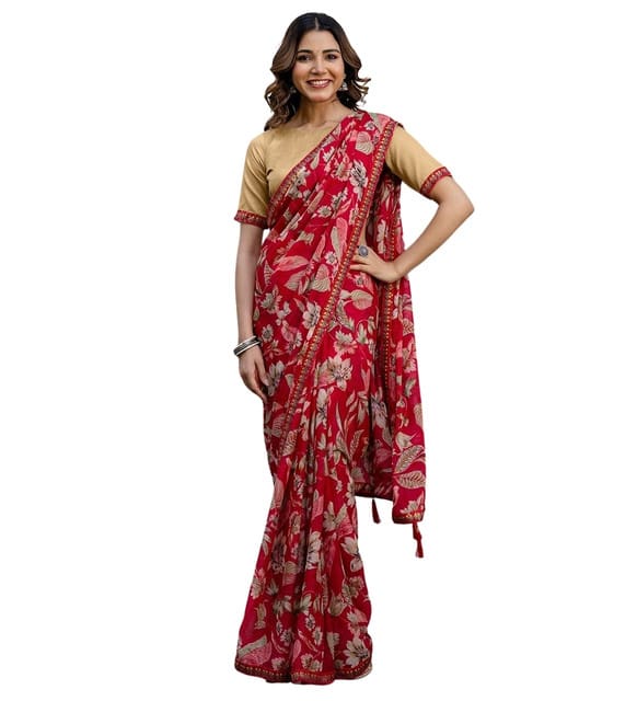Generic Women's Georgette Floral Printed Saree with Unstitched Blouse Piece, Soft Lightweight 5.5 m Sari for Daily, Office and Wear (Red, Design 67609)