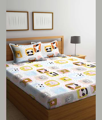 Klotthe Poly Cotton Animal 1 Double King Size Bedsheet with 2 Pillow Covers - White