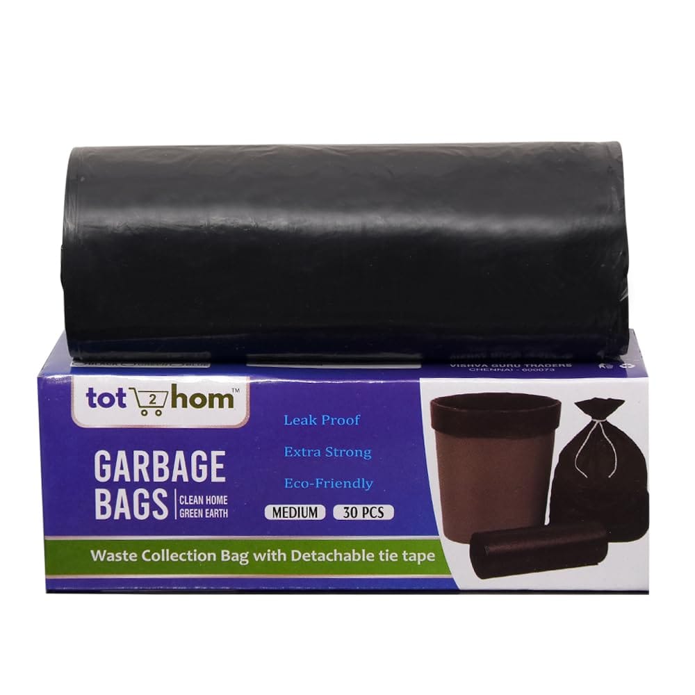 Tot2hom Medium Size Garbage Bags 19 x 21 Inches – Black - Pack of 1 Roll 30 Bags | with Tie-String | Strong Leak-Proof Dustbin Covers for Home, Office, Kitchen, Bathroom, hotels, Salons