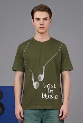 Hue Nox Men's Olive Lost In Music Graphic Regular Fit T-Shirt