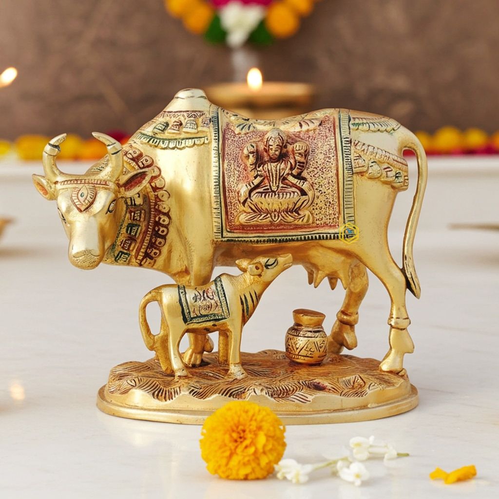 Brass Cow & Calf Statue - Golden Finish Showpiece, Height : 6.5 Inch (BSMAS1013 B)