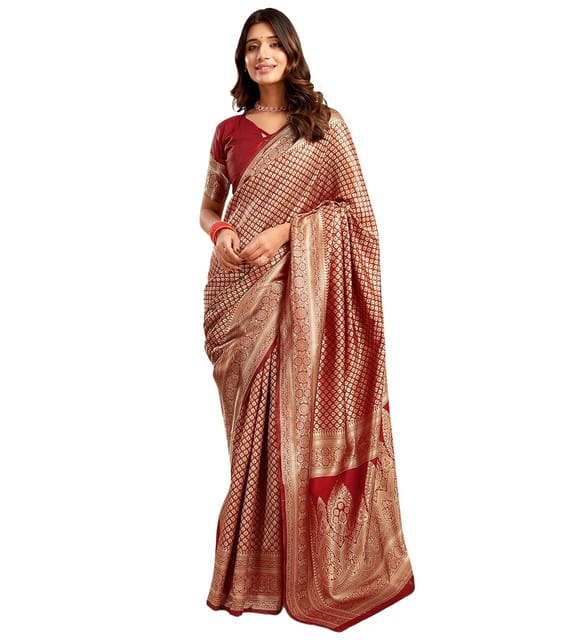 Generic Women's Jacquard Printed Saree with Unstitched Blouse Piece, Soft Lightweight 5.5 m Sari for Daily, Office and Wear (Maroon, Design 67652)