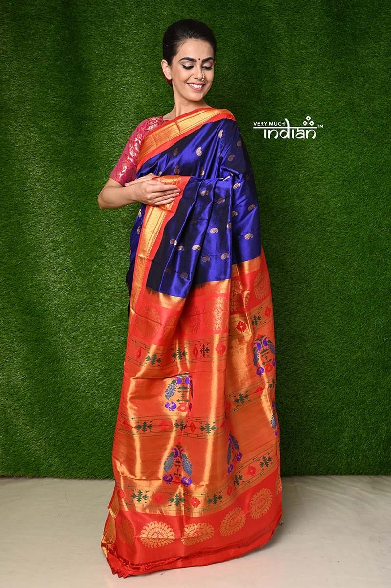 BestSeller - Pure Silk Handloom Maharani Paithani - Royal Blue with Red Border (Available in floral Buttis)