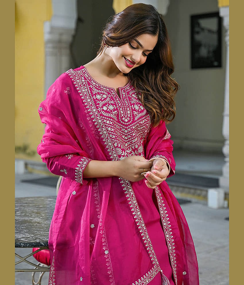 Vaamsi Women Silk Blend Self Design Straight Kurti With Palazzo ( Pink )