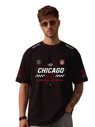 The Retro India Black Oversized T Shirt for Men, 100% Cotton Half Sleeve Round Neck Racing Graphic Printed T-Shirt, Jersey Style Streetwear Tee for College, Travel, and Casual Outings