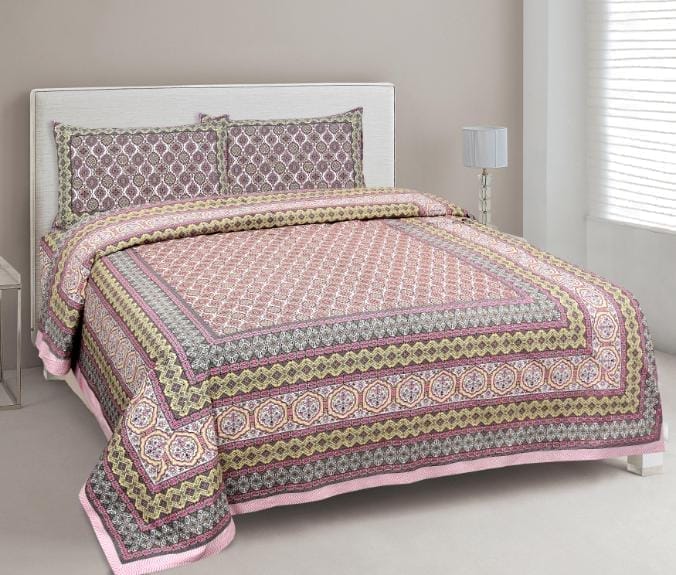 3001-Hometrade India-Standard King Size (90*108 Inches)-Pure Cotton Jaipuri Double Bedsheet With Matching Pillow Cover