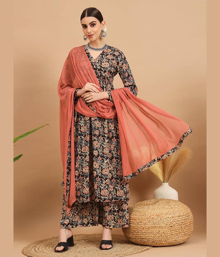 Vbuyz Cotton Printed Kurti With Pants Women's Stitched Salwar Suit - Black ( Pack of 1 )