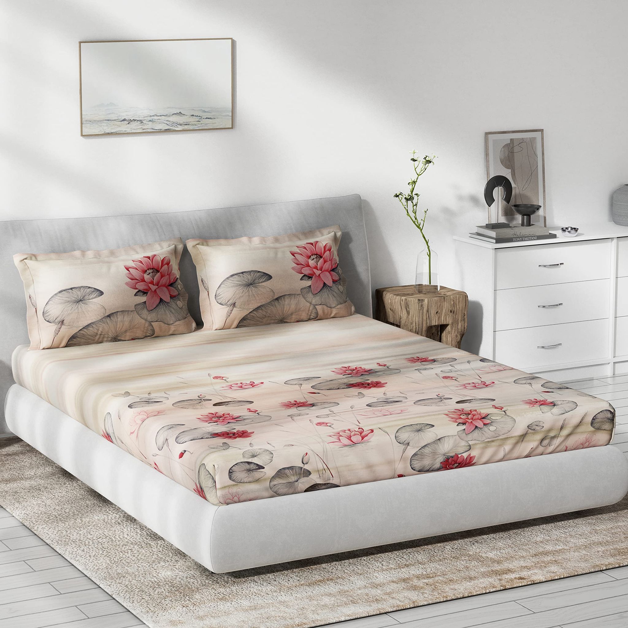 DDECOR - Primary Collection 100% Cotton Floral Pattern 136TC King Bedsheet |229 CM X 274 CM| with 2 Pillow Covers - Red
