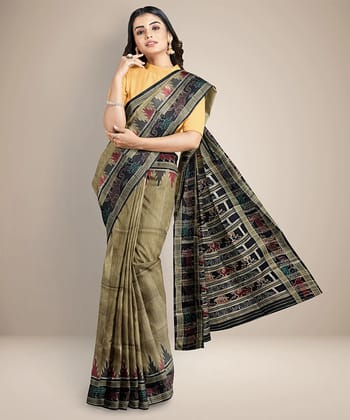 Beige checks handwoven khandua silk saree