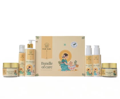 Pure Aura Baby’s 6-Month Skincare Kit | Ayurvedic Shampoo, Wash, Sunscreen, Diaper Rash Cream, Massage Cream & Massage Oil