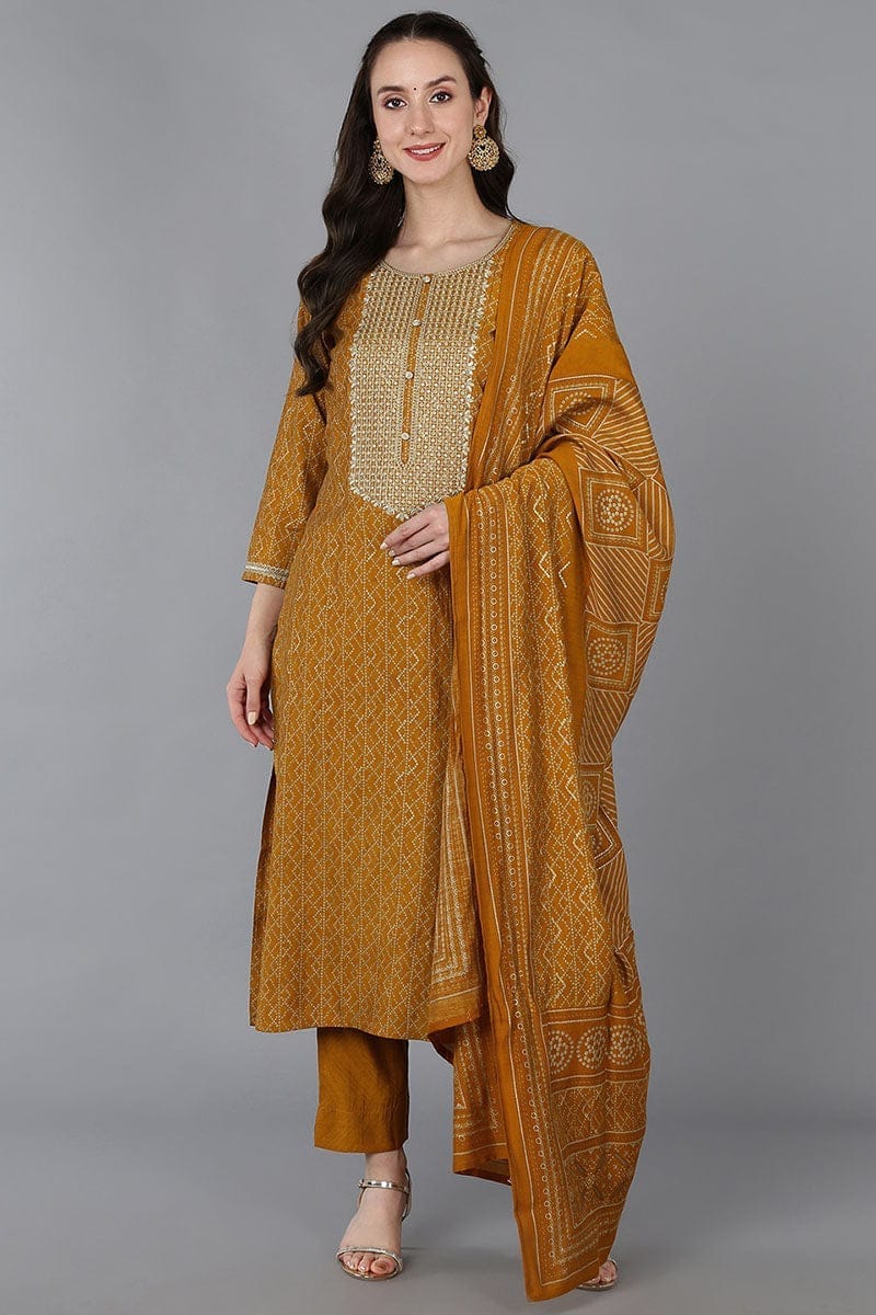 Gold Silk Blend Bandhani Print Embroidered Straight Suit Set VKSKD1684