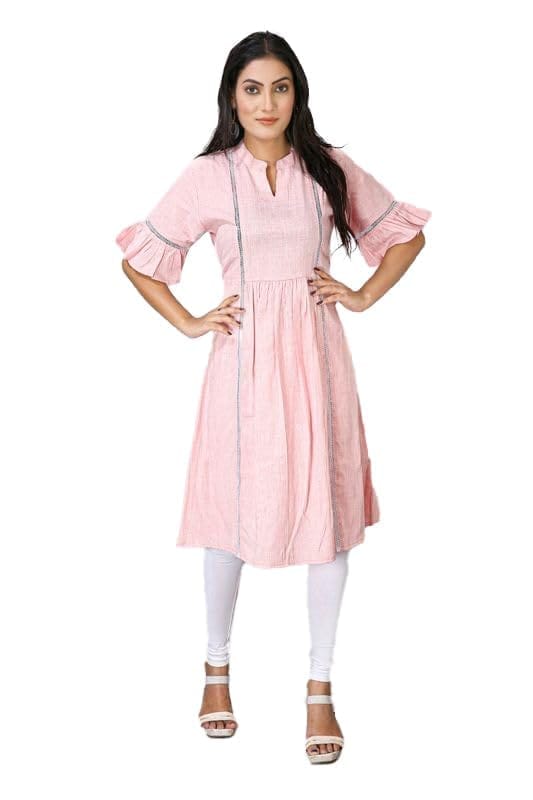Women's Casual Short Sleeve Silk Blend Printed Kurti (Pink, M)-PID46430