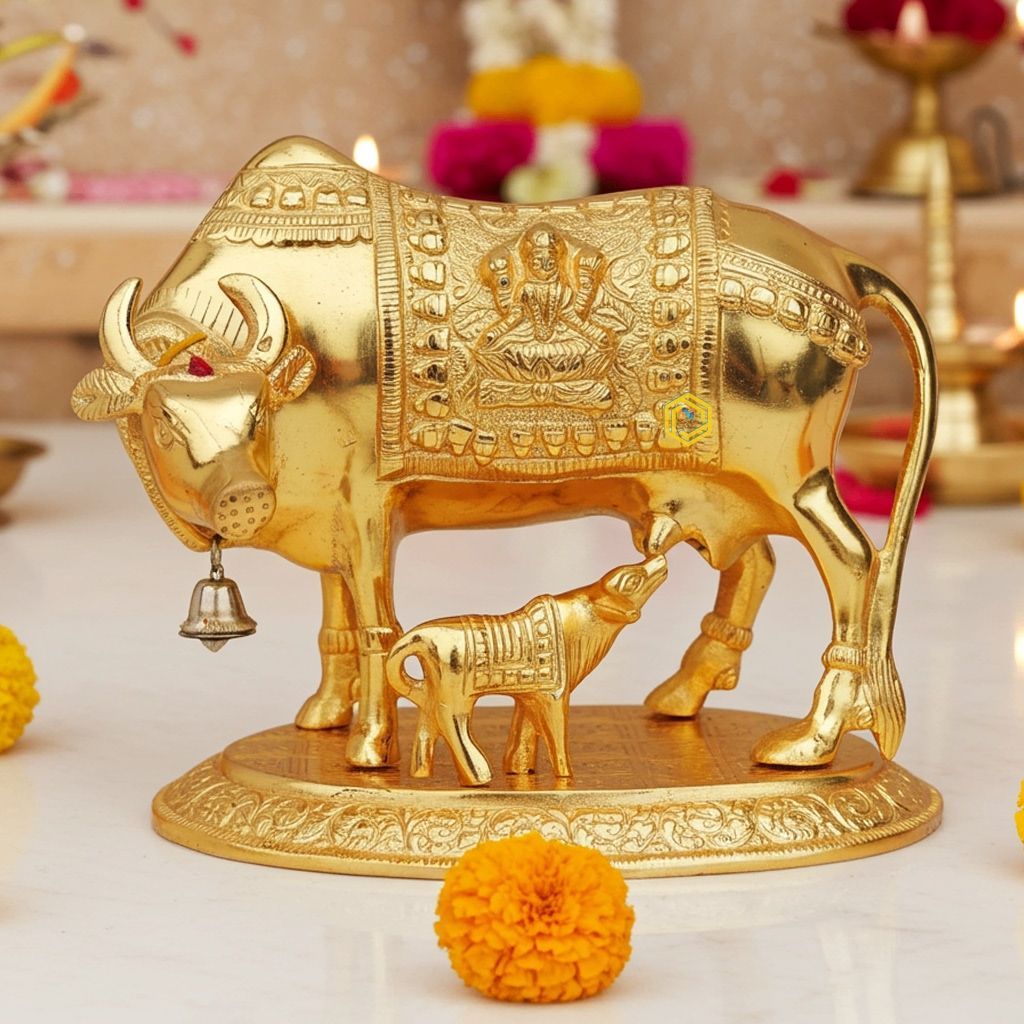Aluminium Cow & Calf Statue � Sacred Home Showpiece, Height : 7.5 Inch (ASMAS129 G)