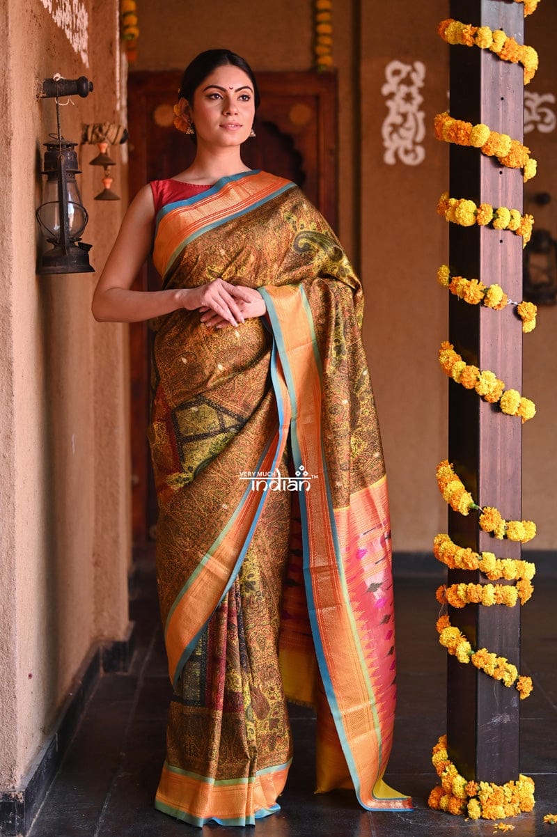 Agni~ Exclusive Pure Silk Handloom Printed Paithani in Mustard Yellow with an Orange border
